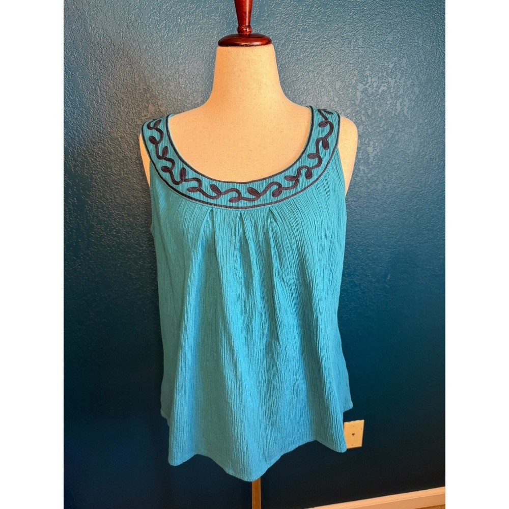 Croft & Barrow Womens XL Turquoise Blue Embroidered Cotton Crinkle Tank Top